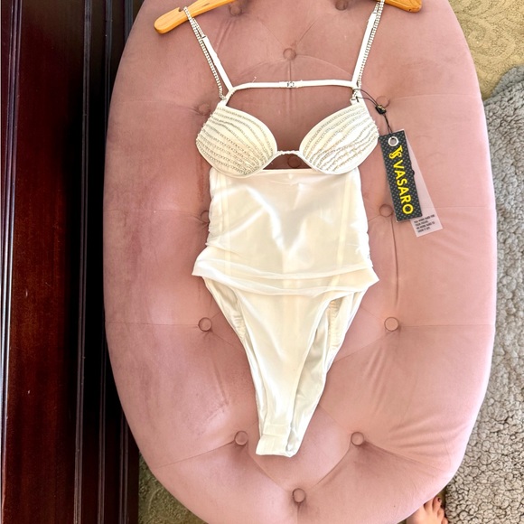 Vasaro Tops - White Rhinestones Tulle Satin Bodysuit for Women Size Small